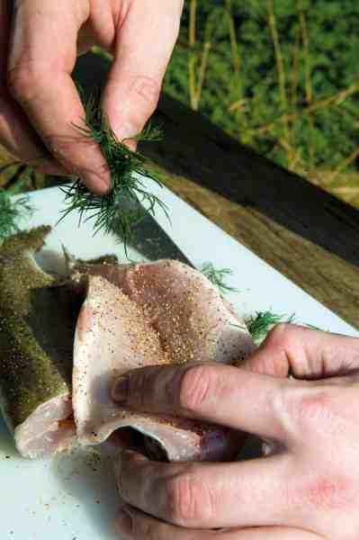 Groft salt og peber samt lidt dild drysses inden i fisken, lige før den ryger på grillen.