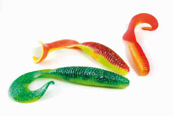Store Curly Tails som fx disse Action Plastics Super Goober er som skabt til dropshotting efter torsk – set hos www.toppredator.dk