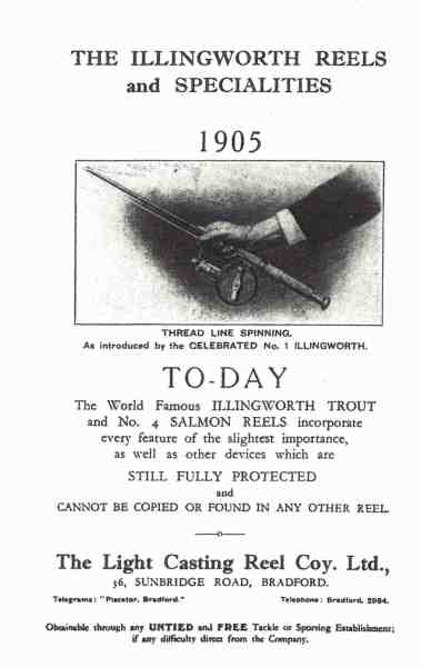 Annonce fra 1905, som omtaler det helt nye indenfor fiskehjul – fastspolehjulet. Det er fremstillet af Alfred Holden Illingworth fra Bradford i England, men minder langt fra, hvad vi i dag forstår ved et fastspolehjul.