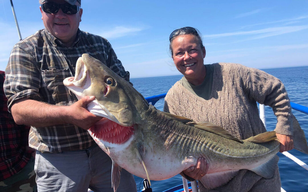 Ann Britt Lyhr med sin 134 centimeter lange 29 kilos torsk fra Det Gule Rev