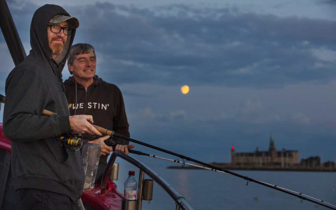 Søren Beck og Niels Godsk Jørgens nyder månen stå op over kronborg ombord på Fyrholm. Og hvarrer - dem var der masser af.