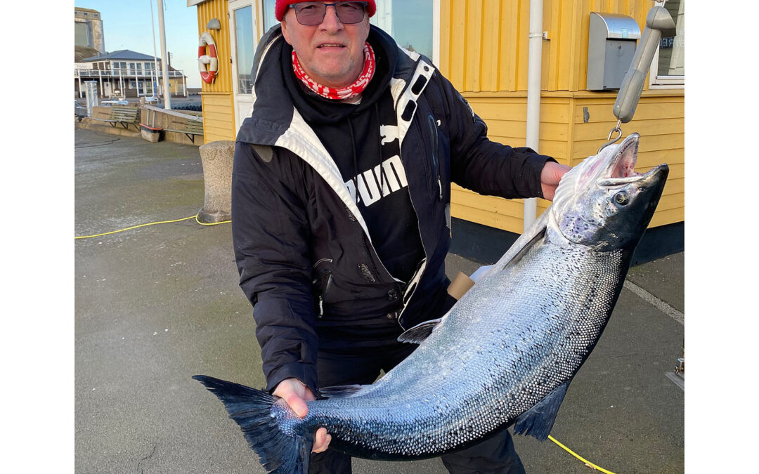18,28 kilo vejede laksen som Jens Ipsen fangede 1,5 sømil fra Svaneke på Bornholm.