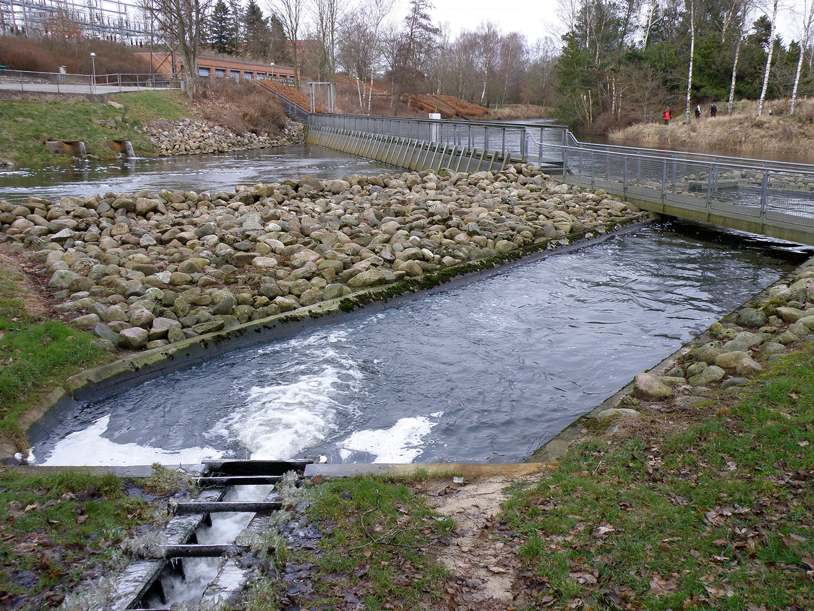 Det sidste af bassinerne i fisketrappen ved Tangeværket.