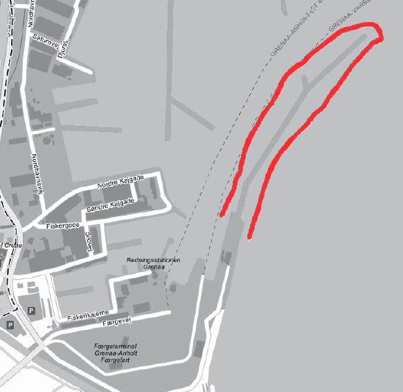 I Grenå Havn kan du fiske der, hvor der er markeret med rødt på kortet.