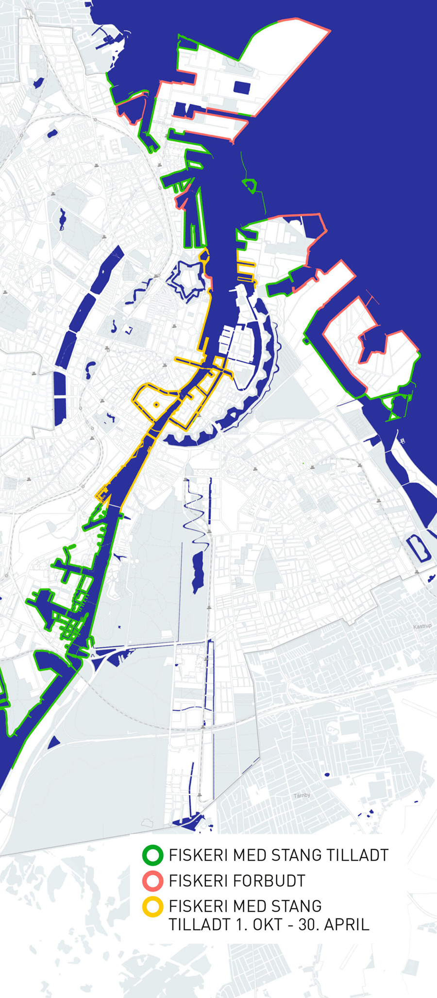 Her kan du se, hvor det er tillandt at fiske i Københavns Havn.