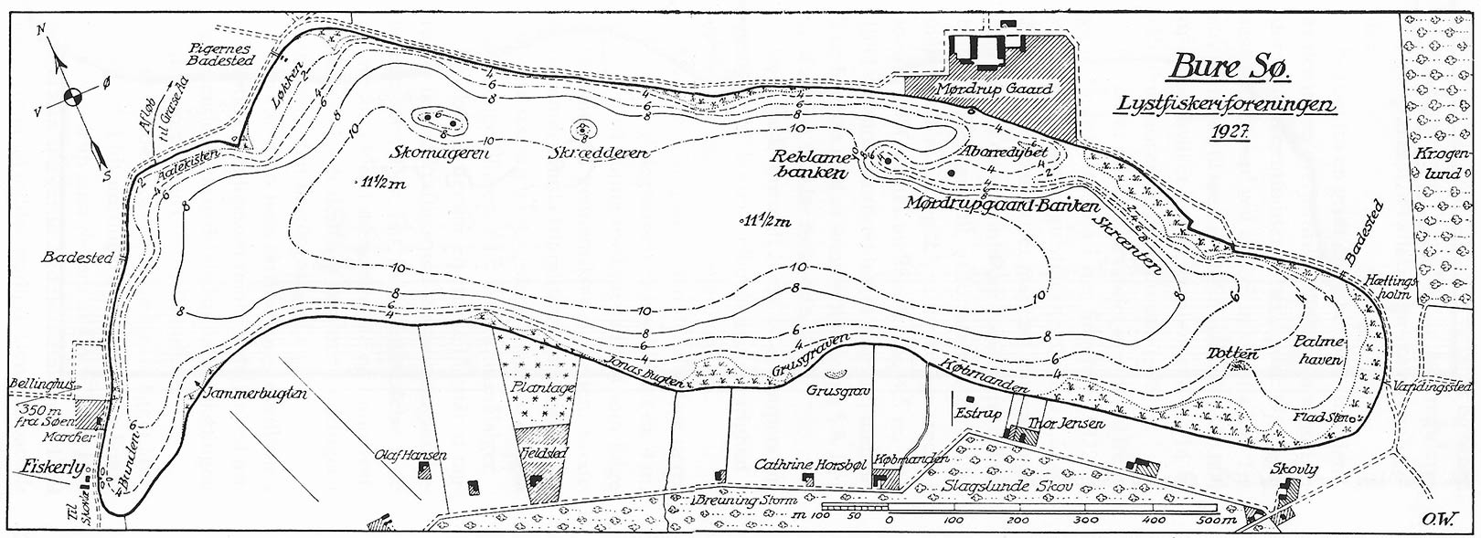 Kortet over Buresø, som du ser her, blev produceret af Otto Wolff og Odin Clorius i 1924 - og solgt for én krone stykket.