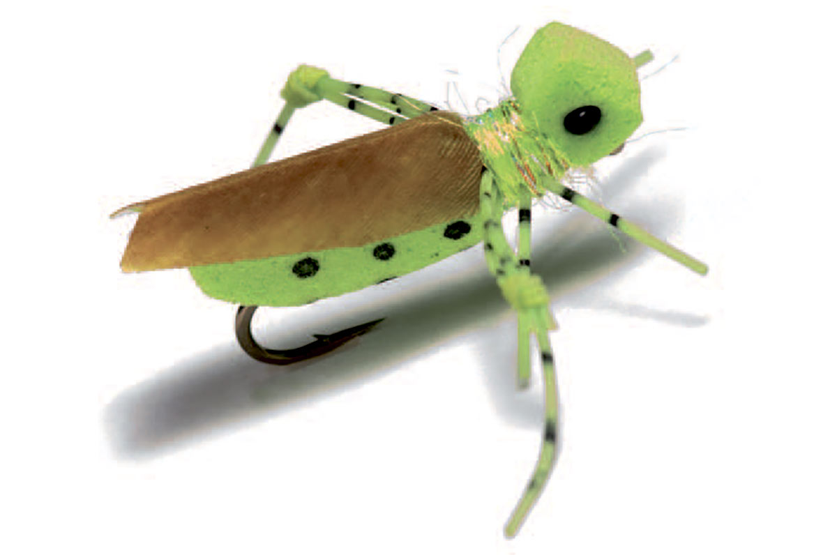 En af Casper Larsenfavorit tørfluer er en neongrøn græshoppe imitation fra Rainys.