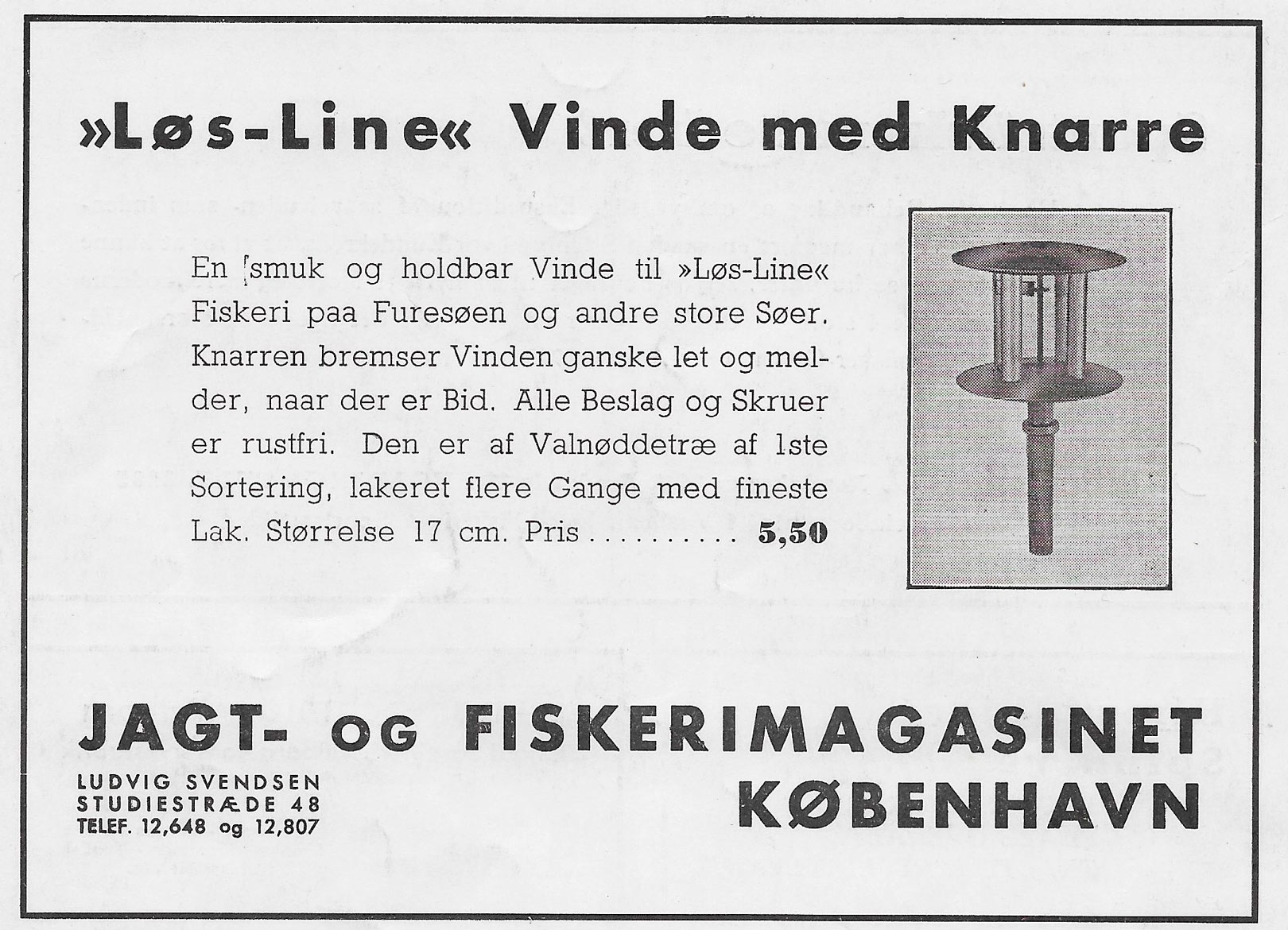 1.Annonce fra Sportsfiskeren april 1945. Selvom man nu kunne få en ”vinde med ”knarre”, så var det stadig muligt at købe en uden. Den kostede kun 2 kroner, men det nævner annoncen ikke noget om. Det fremgår dog af Jagt- og Fiskerimagasinets katalog fra 1946.