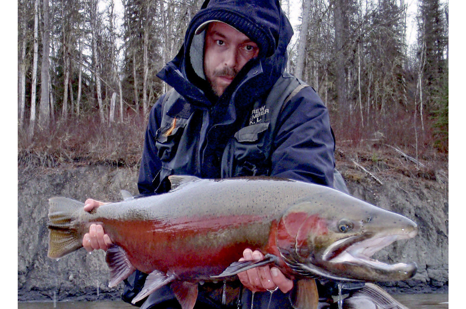 En hårdt medtaget KlausLynggaard med en velfortjent hanfisk fra et af de rigtig svære år ved Kispiox River. Men – her lykkedes det endelig med en flot steelhead på 11,8 kilo.