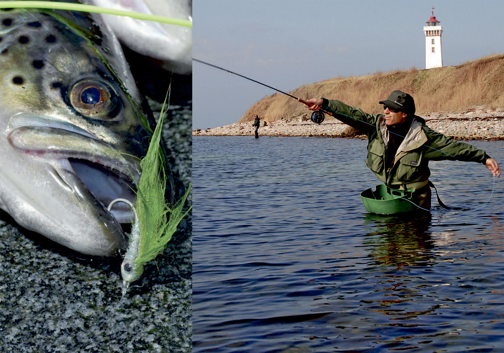 1. Revet ved Wedelsborg Hovedtiltrækker mange små byttedyr, som fx kan efterlignes med en fiskeimitation. Her er det en lille Zonker fra The Fly Co. 2. Lindehoved Fyr på Helnæs er et klassisk vestfynsk spot, og her går de store havørreder nogle gange meget tæt på land.