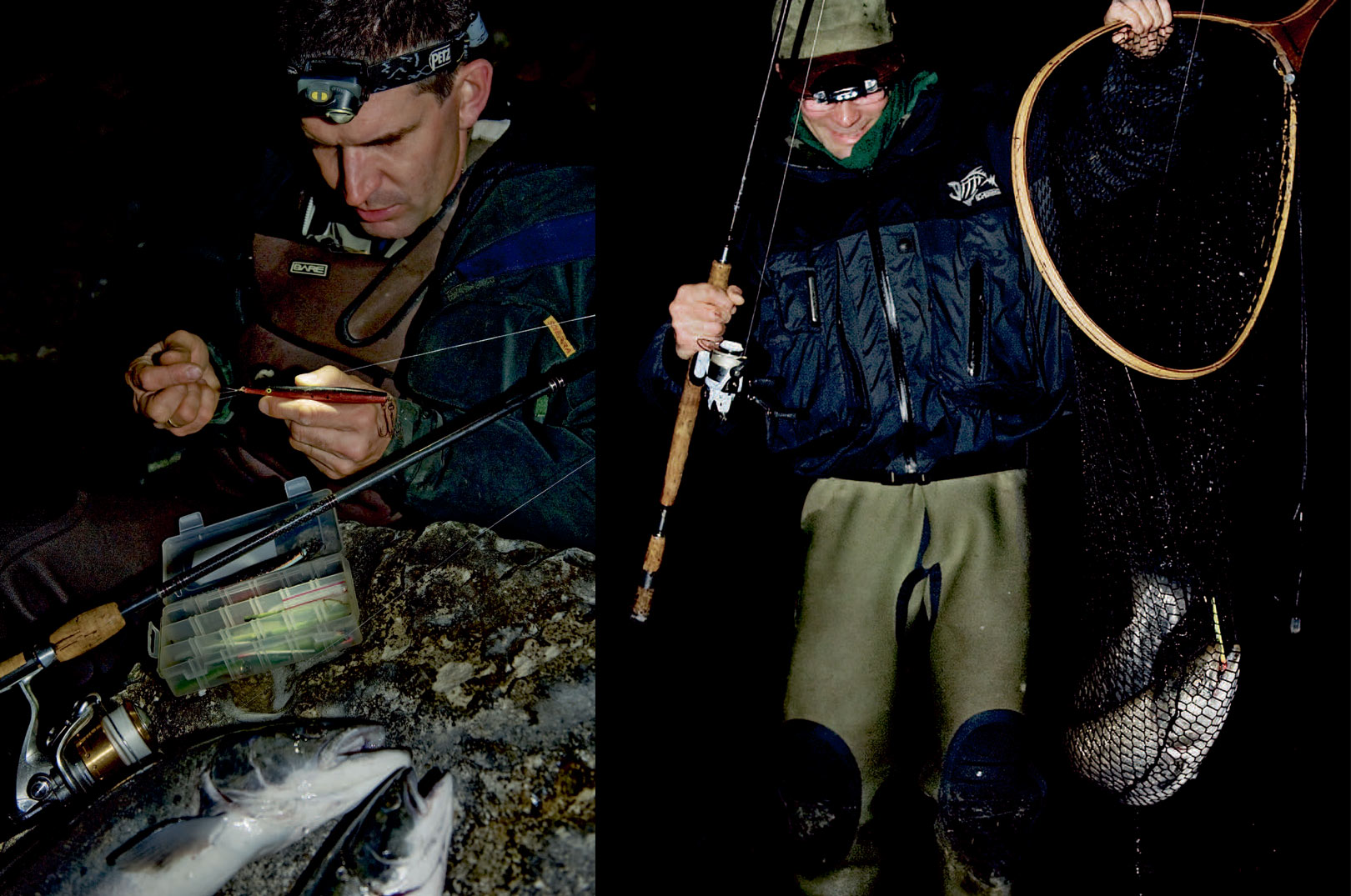 1) Henning Trier er en garvet rotte,når det gælder natfiskeri efter havørred på kysten. Her er han ved at line op med sin favorit Sandgrævling i kobber/sort, der dog først kommer frem, når det er buldermørkt. I tusmørket foretrækker han normalt gennemløbsblink i grøn/sølv – gerne Hugormen. 2) Jens Bursell med en fin natørred fra kysten.