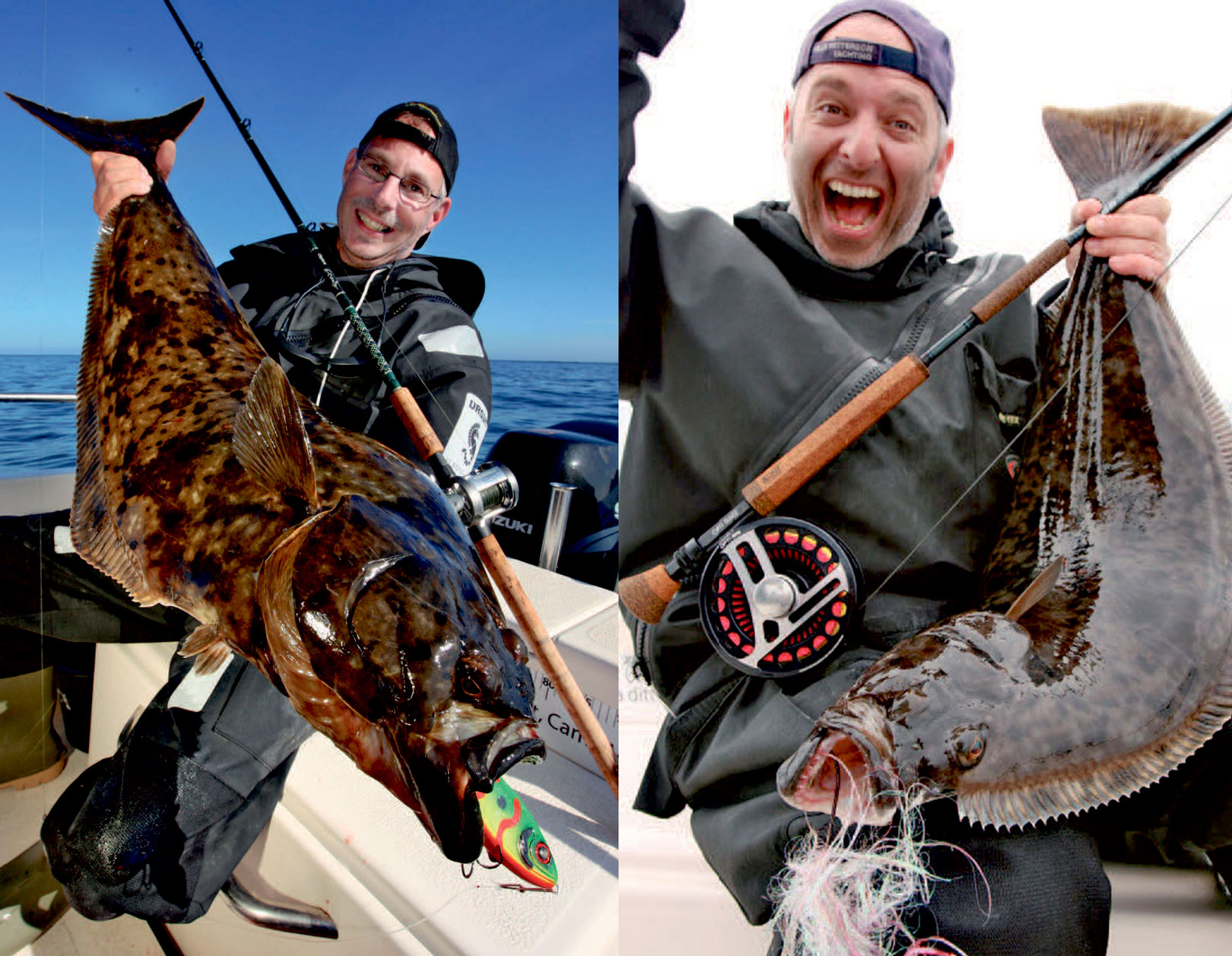 1) Per Ola med belønningen foren ihærdig indsats med jerkstangen – en fin fisk på 13 kilo. Den er sandsynligvis den første af sin slags taget på jerkbait. 2) Martin Falklind med en fin lille fluefanget helleflynder, der faldt for en stor flashflue.