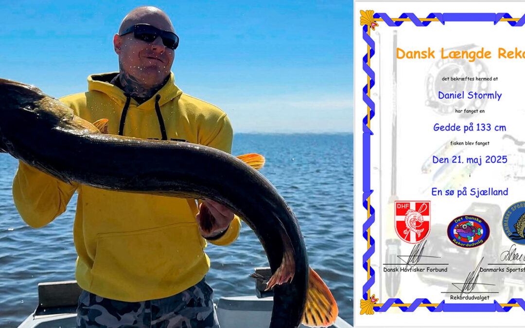 Daniel Stormly med sin 133 cm længderekord for gedde fanget i Danmark