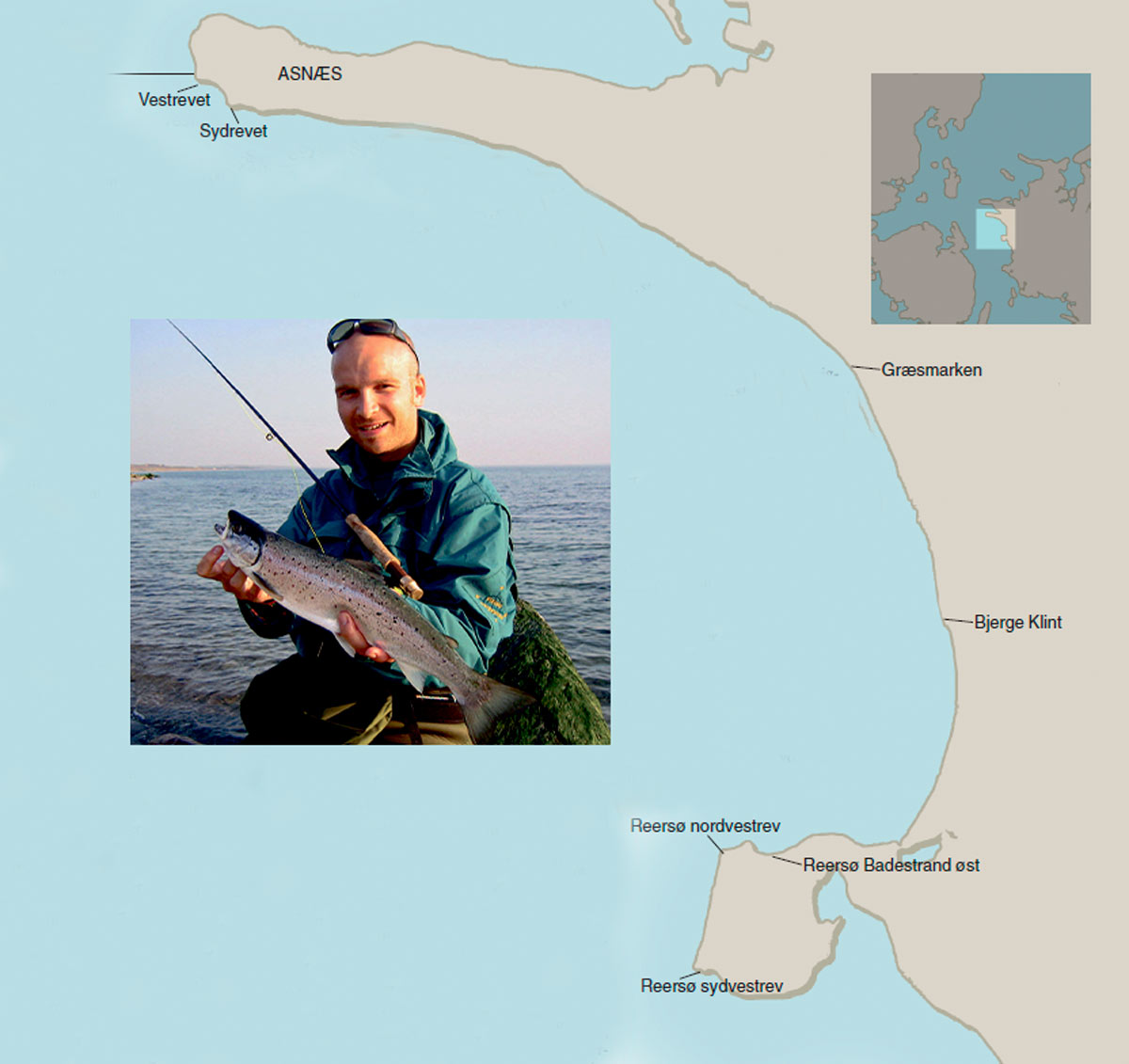 Kort over fiskepladser til havørred på Vestsjælland.