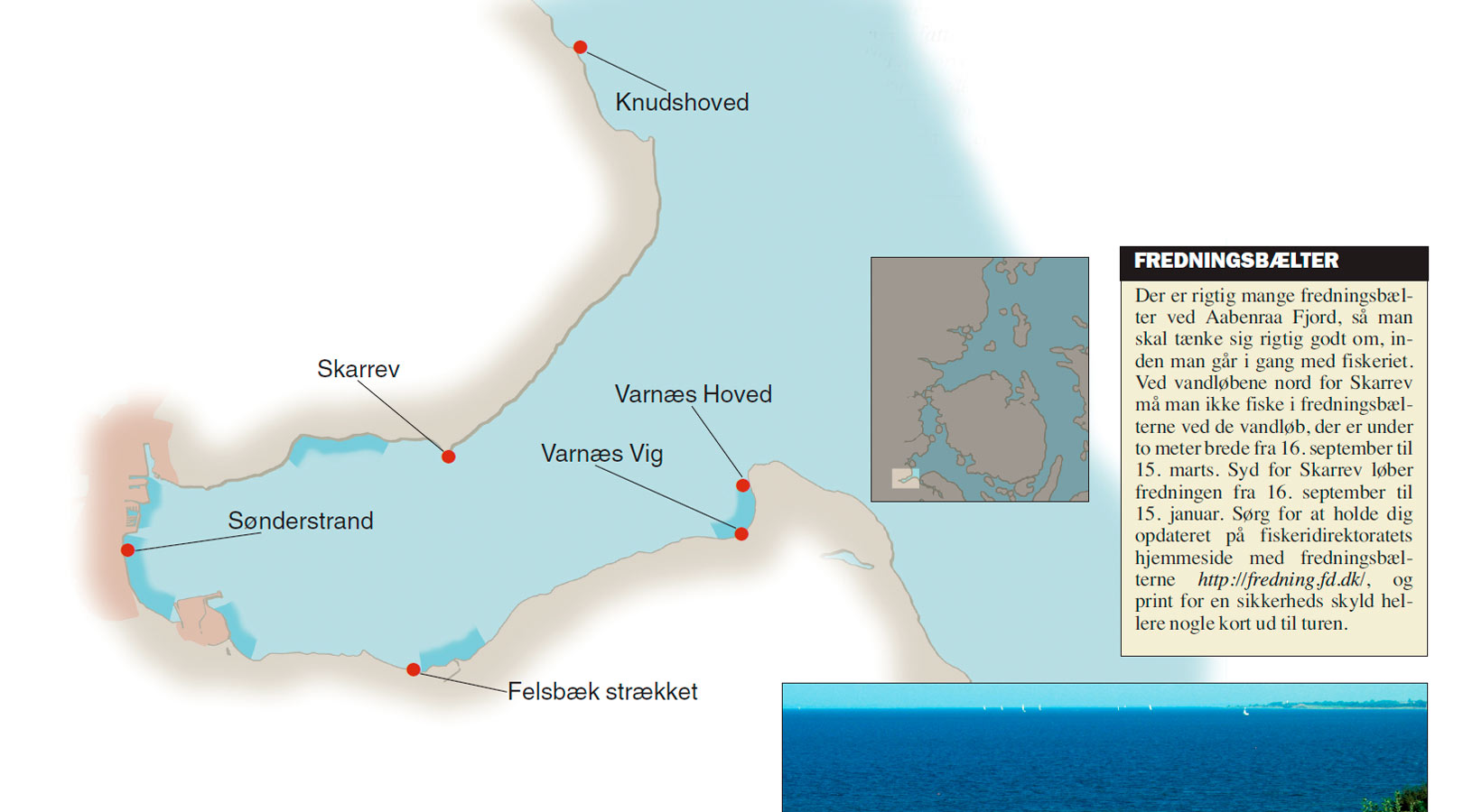 Kort over de bedste fiskepladser til havørred i Aabenraa Fjord.