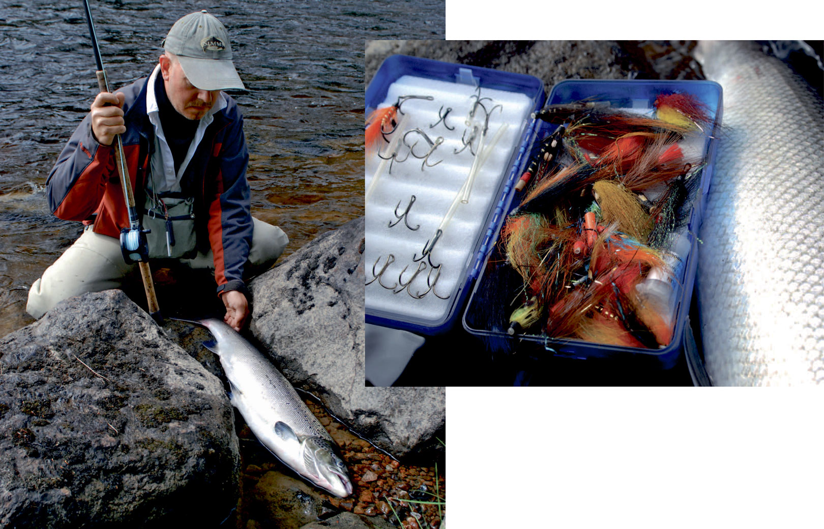 1) Forfatteren med den seks kiloslaksenfra begyndelsen af juli måned, der er omtalt i artiklen. På dette tidspunkt er det helt store boom af fiskere ovre, hvilket giver mere plads langs elven. Der er stadig gode chancer for godt fiskeri hvis ikke vandet er blevet for varmt.. 2) Byskeelven er en typisk skovelv med humusfarvet vand. Derfor fungerer fluer med brunt, orange og gult, gerne med lidt flash i vingen, generelt godt det meste af sæsonen.