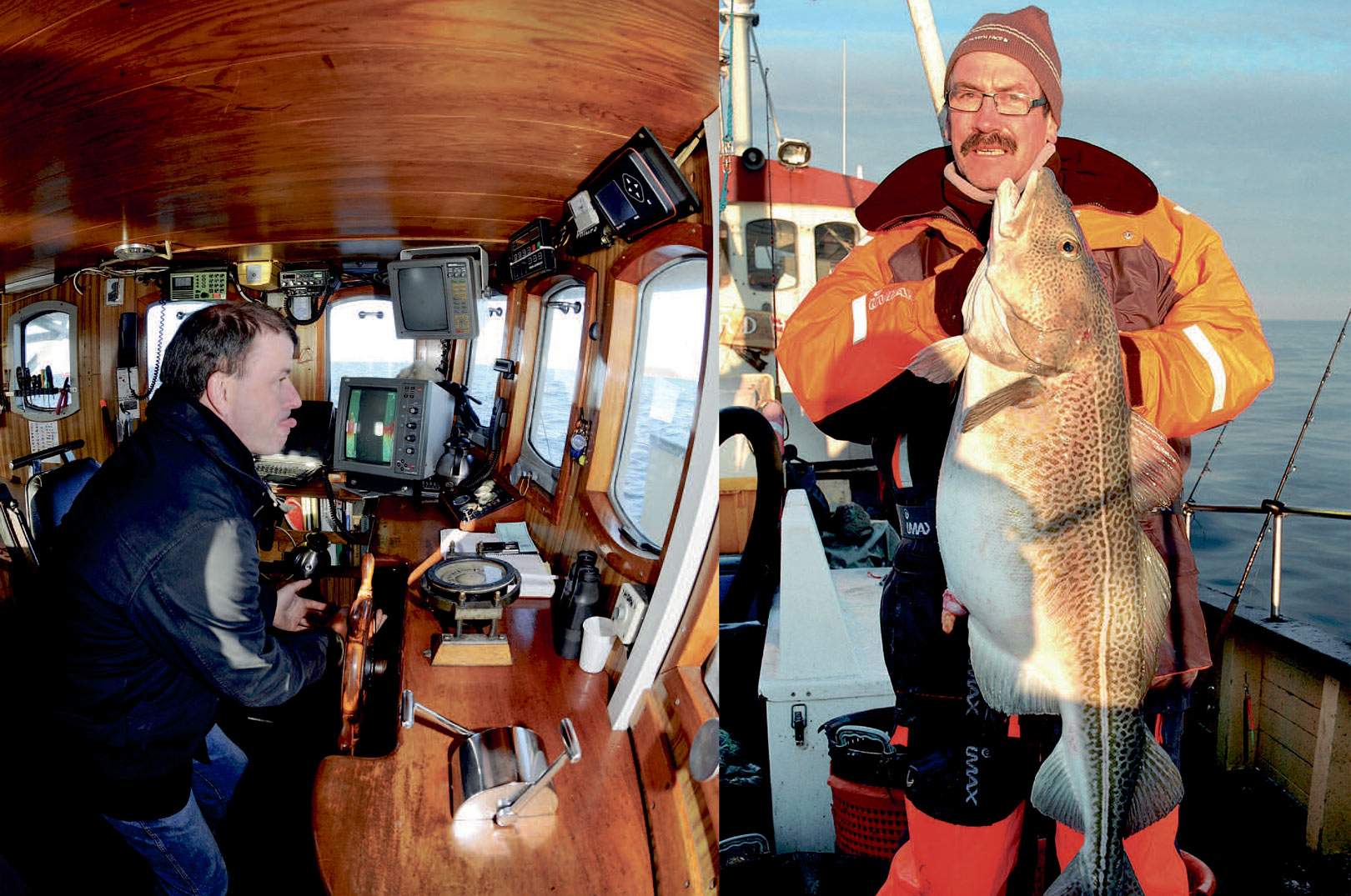 1) Skipperen flytter de store kutterekoncentreret og præcist når båden skal placeres helt rigtigt.. 2) Her er det Bjarne Staal på en af »Fredagsklubbens« årlige ugeture på Øresund. Fisken vejede imponerende 18,6 kilo.