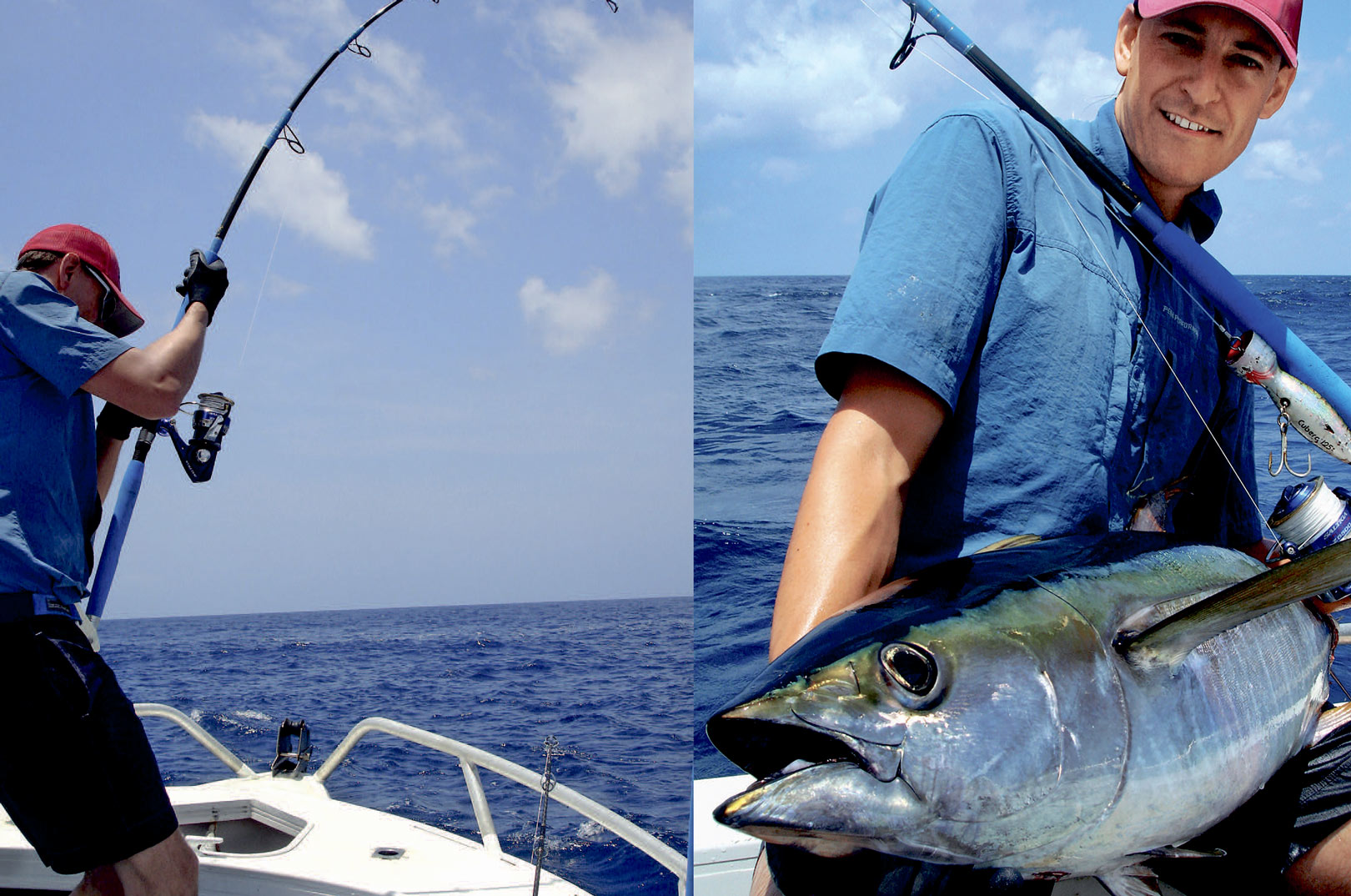1) Artiklens forfatter i hård infightmed en af Christmas Island’s stærke saltvandsrovfisk. Fiskeriet er ikke for sarte sjæle, og det kræver både fysik og gode nerver. 2) Tun er der mange af langs revene ved Christmas Island, og med det rette håndelag kan disse ukuelige muskelbundter lokkes til overfladen med en gurglende popper