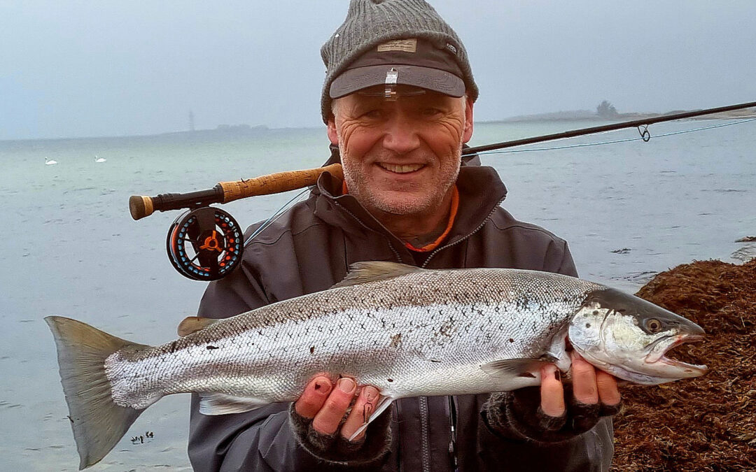 Torben Lollike med sin smukke, blanke havørred, der huggede på en Guldbasse fisket på fluestangen.