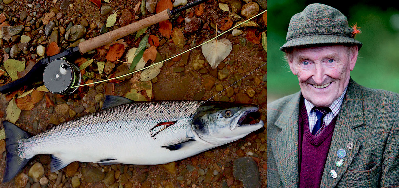 1) Flot skotsk nystegen laks fangetpå stor Waddington Shank i klassisk sort-orange farve - kombination. Fisken er fanget af Fisk & Fri’s Jesper Fohrmann der nogle uger om året arbejder som guide i Skotland. Han anbefaler fluer bundet i sort -orange og gul-sort igennem hele sæsonen.. 2) Tweedgillien og legenden Wattie Dodds på 80 år har set en hel del laks i sin tid...