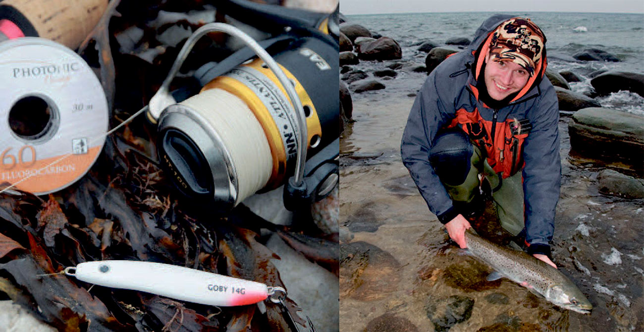 1) Hvid fletline såsom PennsPremium Braid, Whiplash Crystal, Fireline Crystal kombineret med fluorocarbon forfang skræmmer færre fisk og kan resultere i væsentlig flere hug end, hvis man bare at køre en mørk line direkte på agnen. 2) En bornholmsk havørred får sin frihed og giver forfatteren et lille smil på læben