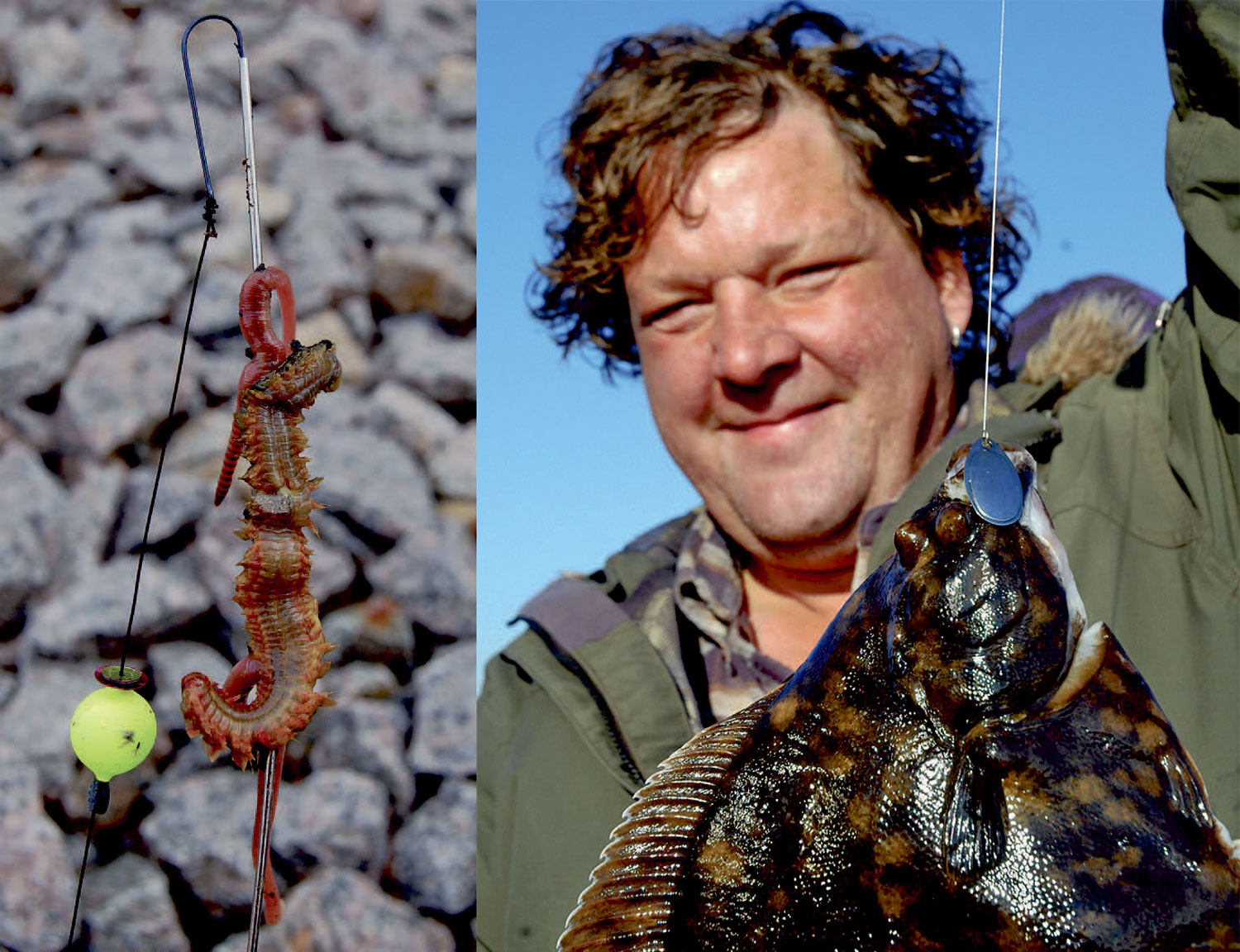 1) En agnnål er nærmestuundværlig når flere orm skal trådes på en lille krog. Bemærk kombinationen af børste- og regnorm, hvilket giver optimal duft og bevægelse. 2) Her er det Torben Søllling med hans PR rødspætte på 1,1 kilo taget på en rød Gulp! Børsteorm.