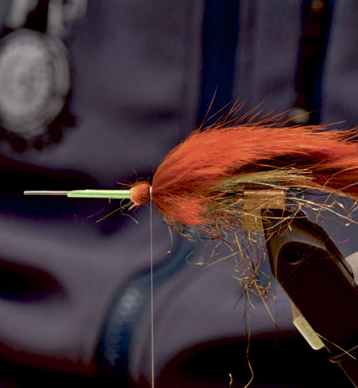 4: Vingen bindes ind med fire femhårde bindetrådstørn. Bind også hårene ind fra den del af skindet, der stikker frem foran