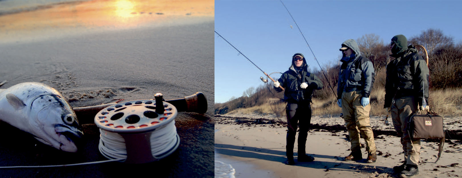 1) en hverdag fuld af travlhed oggøremål er havørredfiskeriet et uvurderligt afbræk med frihed og tid til fordybelse. En herlig blanding af meditativ ensomhed og hektisk aktivitet i de skønneste omgivelser Danmark kan byde på. 2) Kim Regaard, Jacob Dreyer og Kay Schark vender vind og vejr og diskuterer hvilken plads der nu skal prøves. Venskabet er en stor del af det ellers solitære havørredfiskeri.