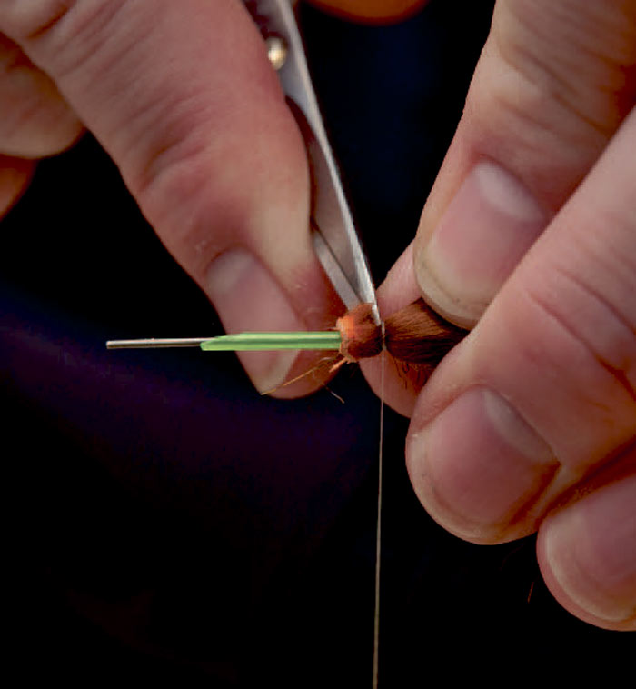 5: Med spidsen af saksen klippesoverskydende skind af, så tæt på bindetråden som muligt.