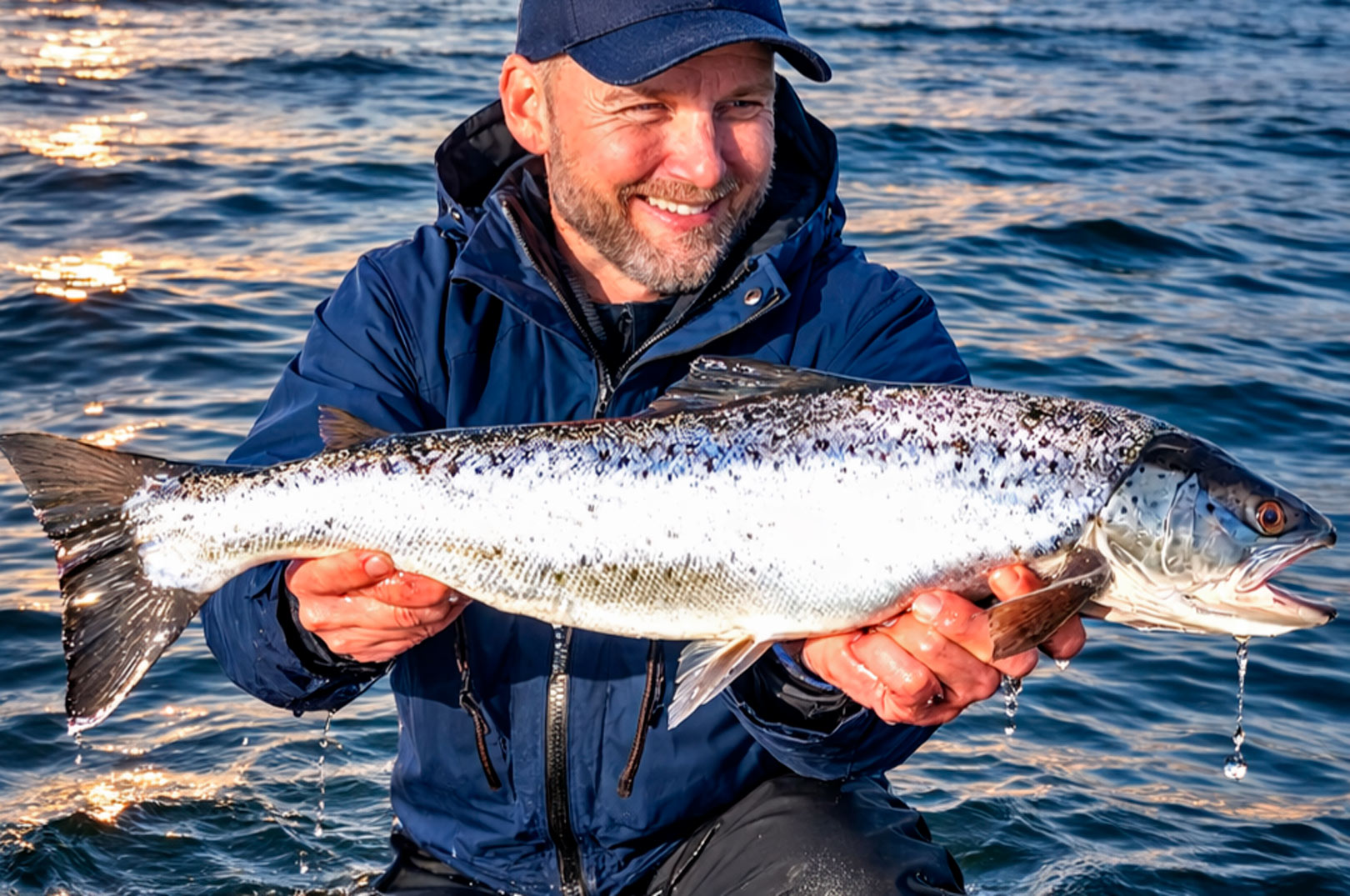 Kim Christoffersen med sin flotte havørred på 65 cm der huggede en Snurrebasse i sølv.