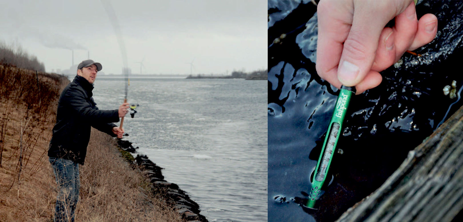 1) Et par kondisko, cowboy bukserog en spinnestang er alt der skal til for at fiske dette område. Bemærk isen i baggrunden som kan være generende i den kolde periode, hvis den driver. 2) Et lille termometer som dette er smart til at holde styr på vandtemperaturen. En stigning på bare en grad eller to kan virkelig få ørrederne i hughumør.
