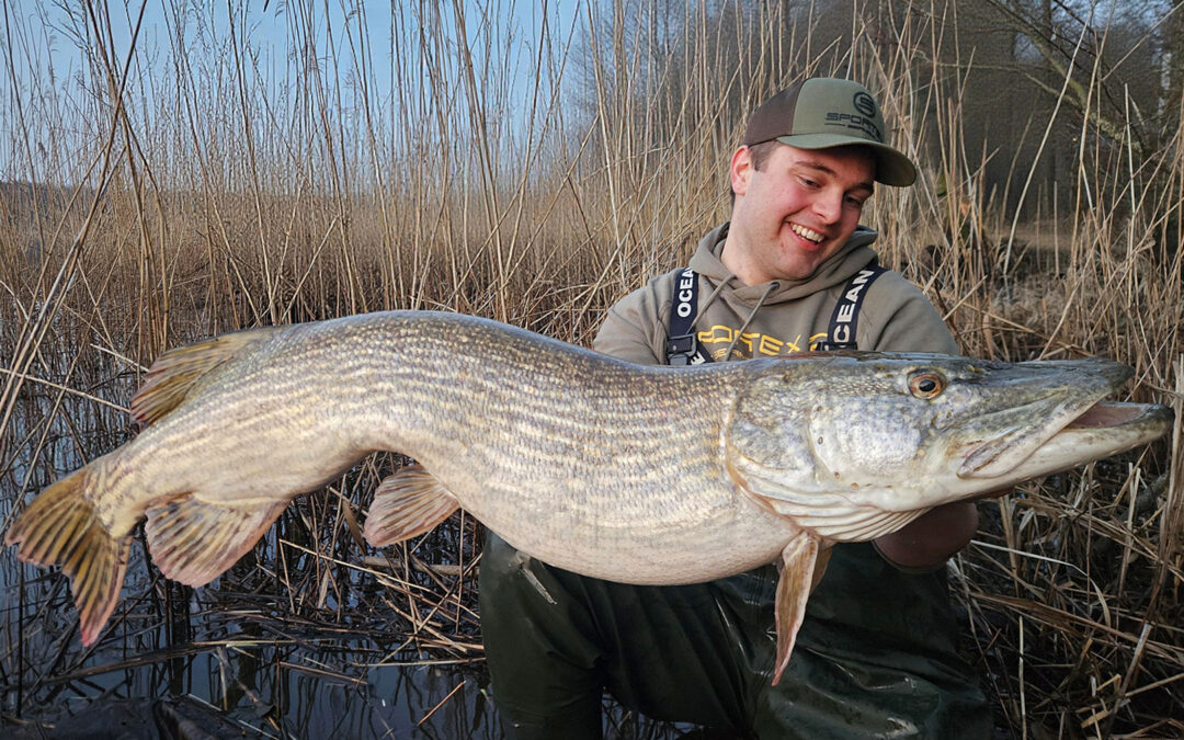 Mathe med den største af de to gedder på 14,97 kilo, der kostede en svømmetur i det iskolde vand.