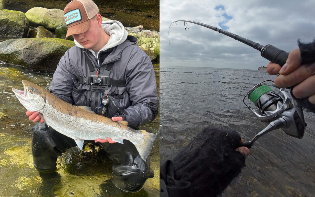 Sebastian med sin flotte havørred fra Stevns der huggede på en Sandeel kystwobler i farven motoroil.