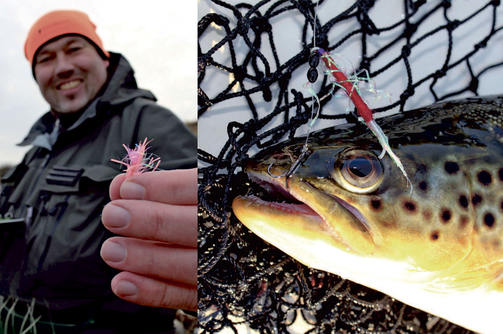 1) Lokalmanden Peter Uwe med guftil øens havørreder. 2) En af de knibske ørreder lod sig til sidst lure af en releaseflue.