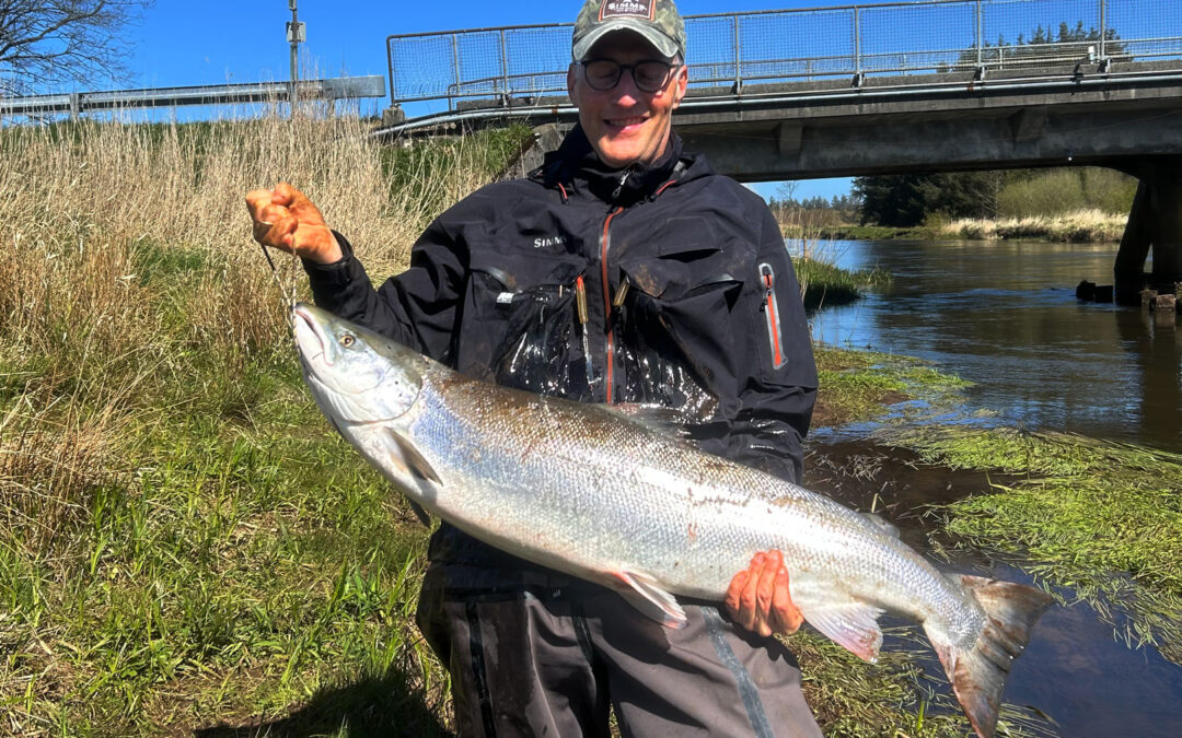 Nikolaj Svendsen med sin flotte laks på over fjorten kilo fra Skjern Å taget på en KarlK spinner.