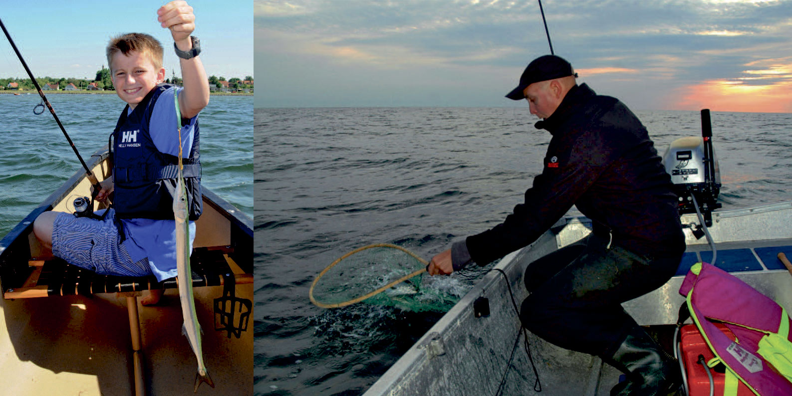 1) Markus Friis Wang fremviserstolt sin første hornfisk, fanget på en lille bådtur på fjorden. 2) Jakob Hessel Andersen har tydeligvis styr på det med at nette havørreder fra alujolle, men sikkerheden har han åbenbart ikke helt så godt styr på. Redningsvesten skal sidde på kroppen og ikke ligge i bunden af båden!